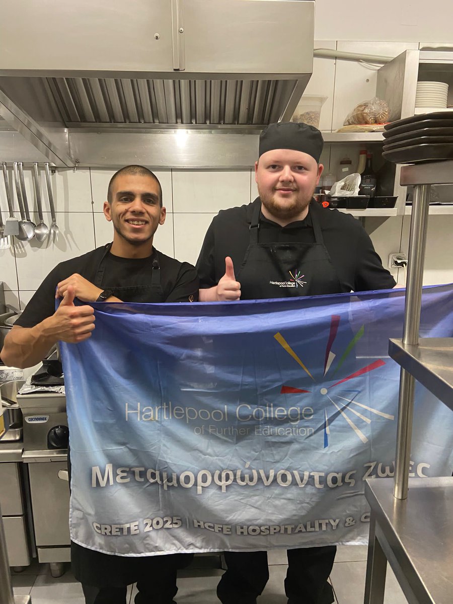 hartlepoolfe's tweet photo. From kitchens to coastlines, our @AmbitionFE  &amp; @hcfeavtt  students are flying the flag for HCFE in Crete. 

Gaining skills and experience through #TuringScheme placements — and representing the College with pride. 

#FlagItHCFE #TransformandoVidas https://t.co/e6vrLEl4ID