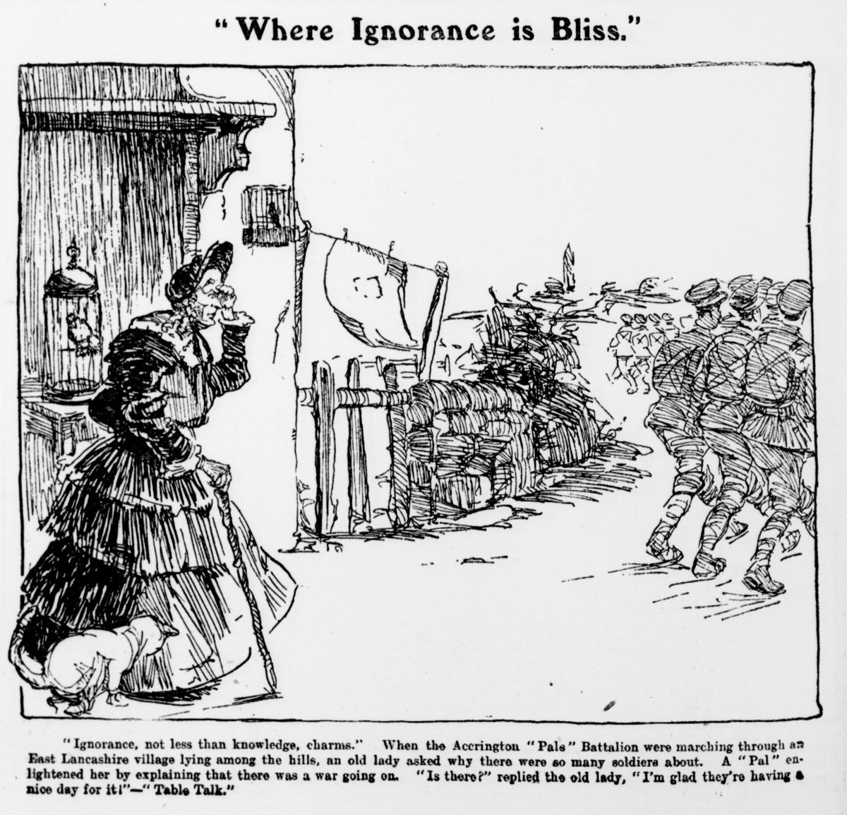 The Accrington Pals featured in this wonderful cartoon from the Blackburn Weekly Telegraph of 23 October 1915. Image courtesy of findmypast.