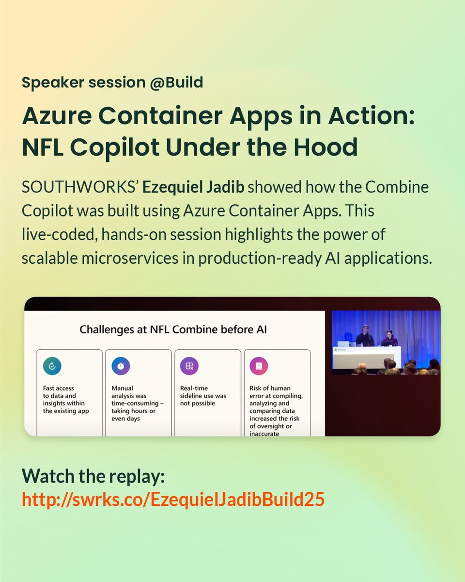 southworks's tweet image. 4/ ⚙️ SOUTHWORKS' Ezequiel Jadib broke down how #AzureContainerApps powered the NFL Copilot at #MSBuild in this live-coded session packed with takeaways.
 🎥 Replay here: swrks.co/EzequielJadibB…