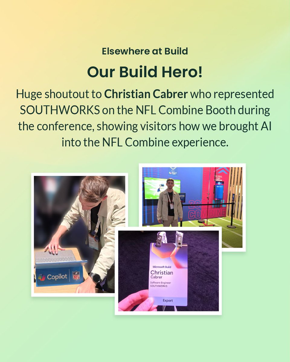 southworks's tweet image. 6/ 💪 Big shoutout to MVP Christian Cabrer, repping SOUTHWORKS at the #NFLCombine booth @ #MSBuild — showing the tech live. 
#SOUTHWORKS #SmartSimpleScalable