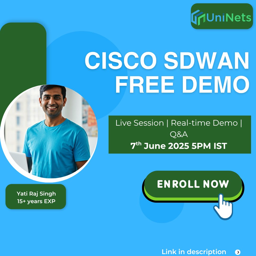uninets53's tweet image. 📢 Join our Free Cisco SD-WAN Demo on 7th June at 5 PM IST!
Get a live walkthrough, expert tips &amp;amp; Q&amp;amp;A — perfect for networking pros!
💻 Register now! shorturl.at/r8LD8
#CiscoSDWAN #FreeDemo #Networking #LiveSession #cisco #CiscoTraining #UniNets
