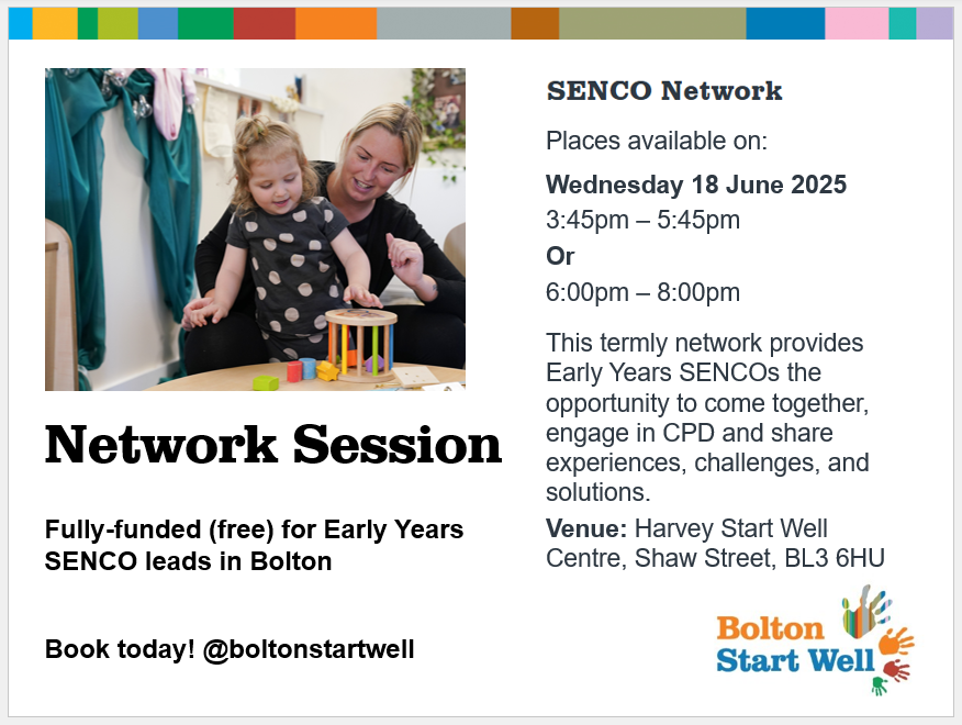 EYFS SENCOs your SENCO network session takes place next Wednesday at: Harvey Start Well Centre, Shaw Street, BL3 6HU

(Wednesday, 18th June 2025)

Book your free place here: boltonstartwell.org.uk/course-detail?…