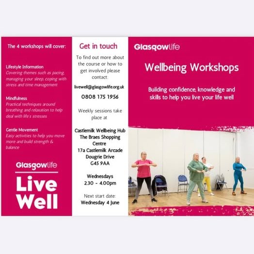New wellbeing workshops coming up with <a href="/glasgowlife/">Glasgow Life</a>  at Castlemilk Well-Being Hub starting on Wednesday this week 👇
Contact livewell@glasgowlife.org.uk or 0808 175 1956 for more info.