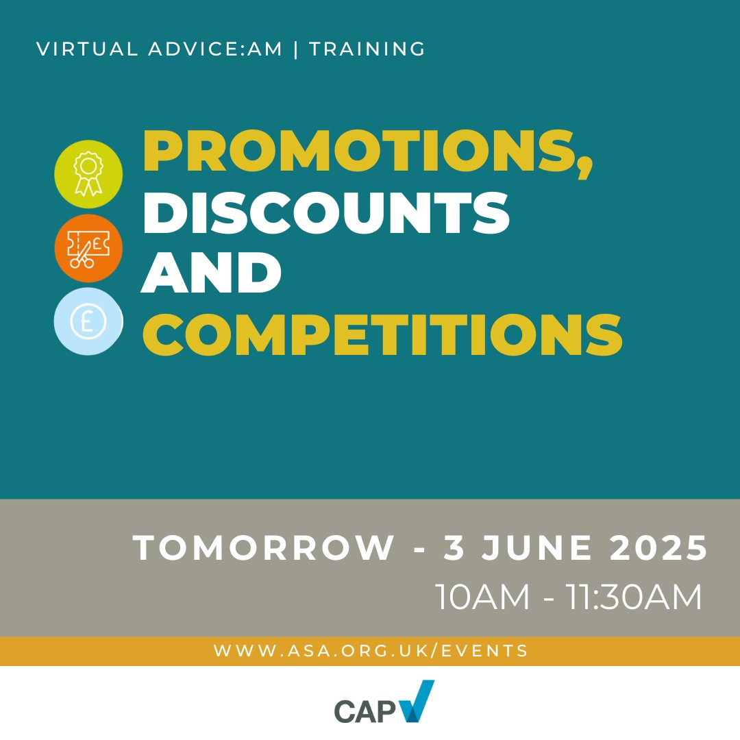 ASA_UK's tweet image. 🚨Last day to sign up to tomorrow’s training🚨
Join our experts tomorrow where they’ll give you practical tips on how to run promotions and competitions that comply with the Ad rules.
You’ll also receive access to the Insider’s Guide to the ASA & CAP for 6 months. Prices start…