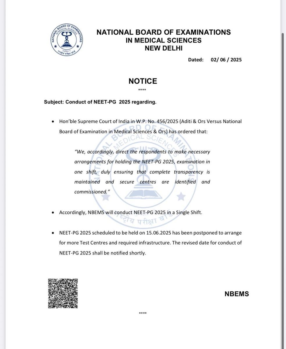 LiveLawIndia's tweet photo. #BREAKING| NEET-PG 2025 to be conducted in one shift only, as per official statement issued by the National Board of Examinations https://t.co/UDeKrCjDTN