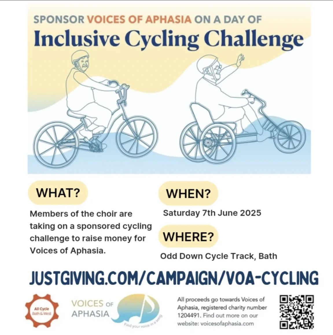 AphasiaChoir's tweet photo. 🚴‍♀️Sponsor our members as they take on a cycling challenge. 

📅 On Saturday 7th June
📍Odd Down Cycle Track, Bath 
💜All proceeds will help support the running of our charity. 
🔗Check out our JustGiving page here: https://t.co/jivnW614e4

#charityevent #charity #charitychoir https://t.co/xiW40y60tI