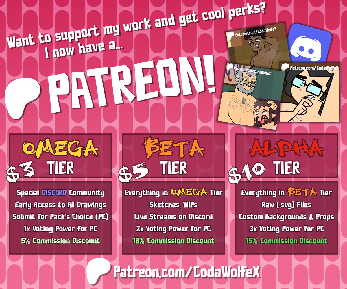 It's official, I now have a Patreon! There are three tiers:

💛 $3 - Early Access &amp; Discord
🧡 $5 - WIPs, Live Streams
❤️ $10 - Raw Files

You'll also be able to vote on characters I draw each month for Pack's Choice!

Link's in my profile! 🐺