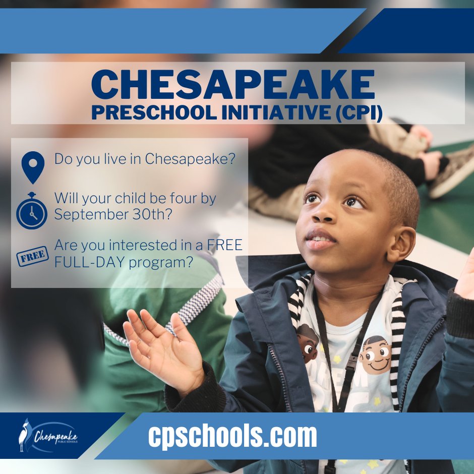 The Chesapeake Preschool Initiative (CPI) program is accepting applications for the 2025-2026 school year. 🎒
💻Please review our website for eligibility criteria and to apply: cpschools.com/o/cps/page/cpi