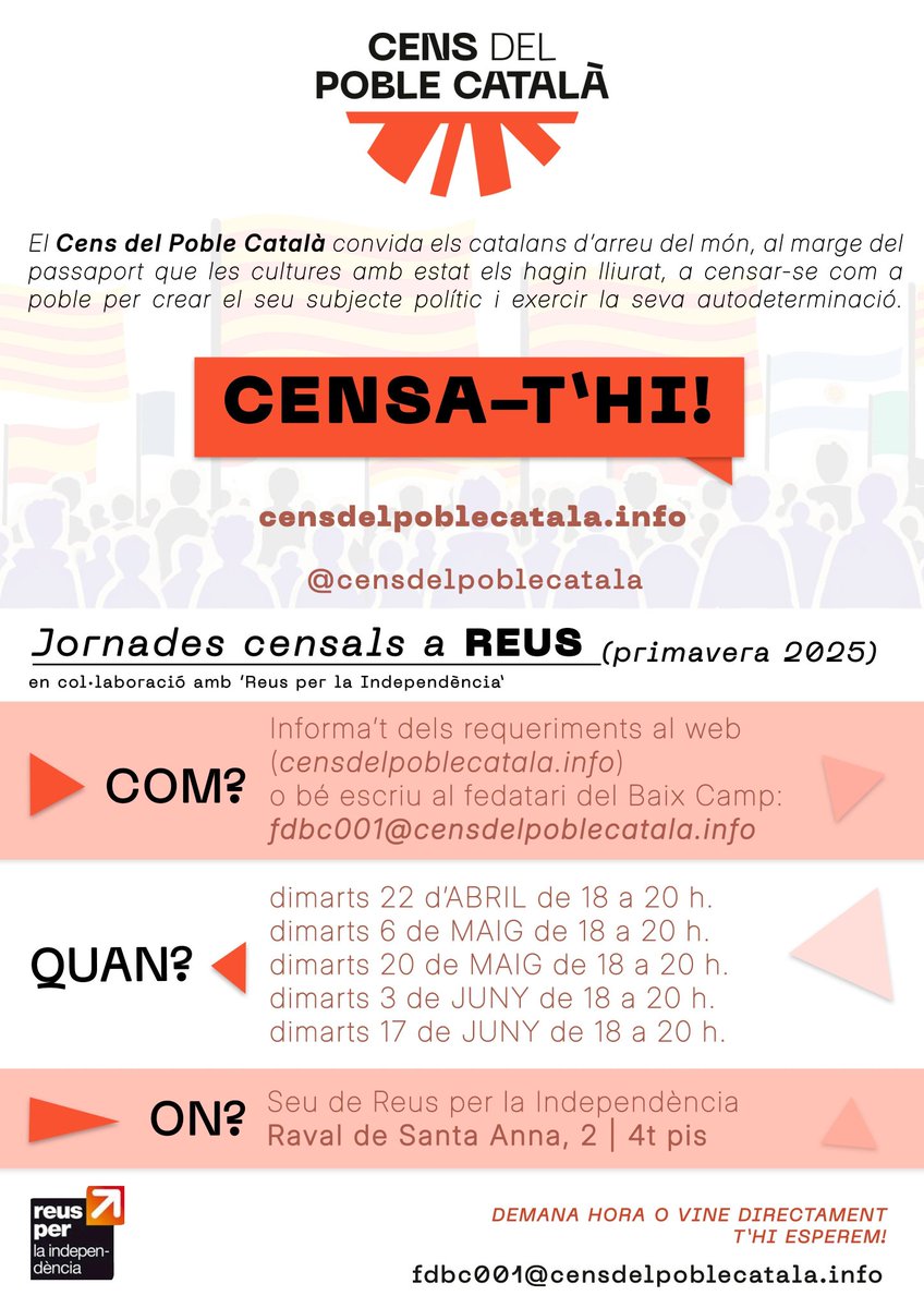 CENS del Poble Català (@censpoblecatala) on Twitter photo Sou a Reus i us voleu censar? Bones notícies.
Demà al vespre de 18h a 20h us podreu censar a Raval de Santa Anna, 2.
Més detalls a la imatge a sota.
En col·laboració amb <a href="/ANC_Reus/">ANC_Reus 🧭</a> Sou a Reus i us voleu censar? Bones notícies.
Demà al vespre de 18h a 20h us podreu censar a Raval de Santa Anna, 2.
Més detalls a la imatge a sota.
En col·laboració amb <a href="/ANC_Reus/">ANC_Reus 🧭</a>