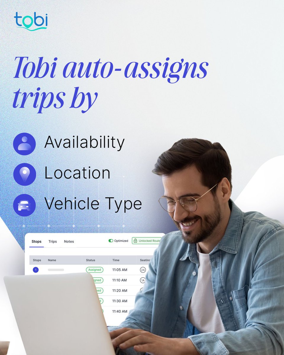 TobiSoftware's tweet image. Still assigning trips manually? Time to ditch the chaos.
Tobi helps you to easily dispatch based on driver availability, location &amp;amp; vehicle type—no delays, no hassle, just smooth scheduling.

👉 Book your demo: tobicloud.com/request-a-demo/

#NEMT #TobiSoftware #NEMTSolutions