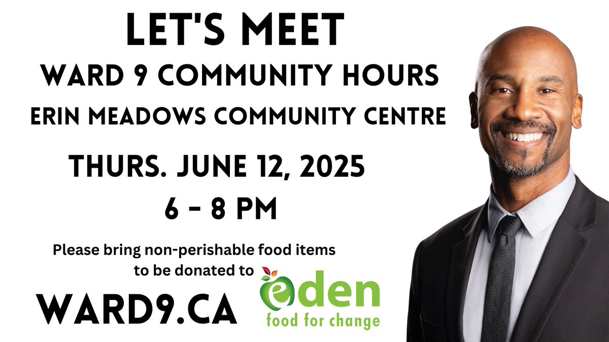 Let's get together for a one on one conversation on Thurs. June 12, from 6 - 8 pm at Erin Meadows Community Centre. Visit Ward9.ca for time slots. Email my office with your time and contact details.