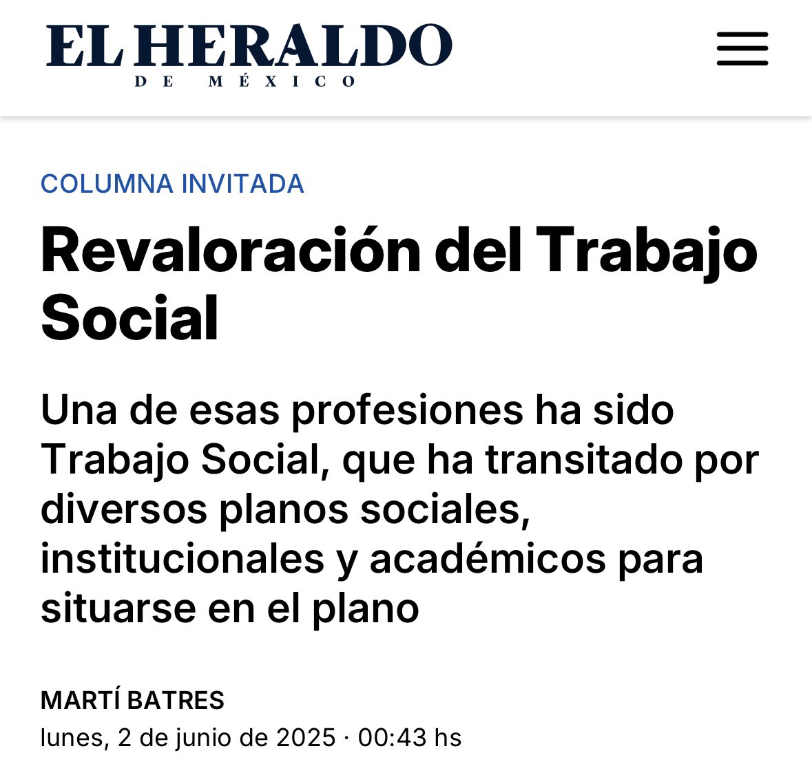 El Trabajo Social es una profesión presente en muchas instituciones sociales, que lucha por una valoración que reconozca su esfuerzo vital y su conocimiento. Por eso el <a href="/ISSSTE_mx/">ISSSTE</a> ha realizado una renivelación de sus trabajador@s social@s.

heraldodemexico.com.mx/opinion/2025/6…