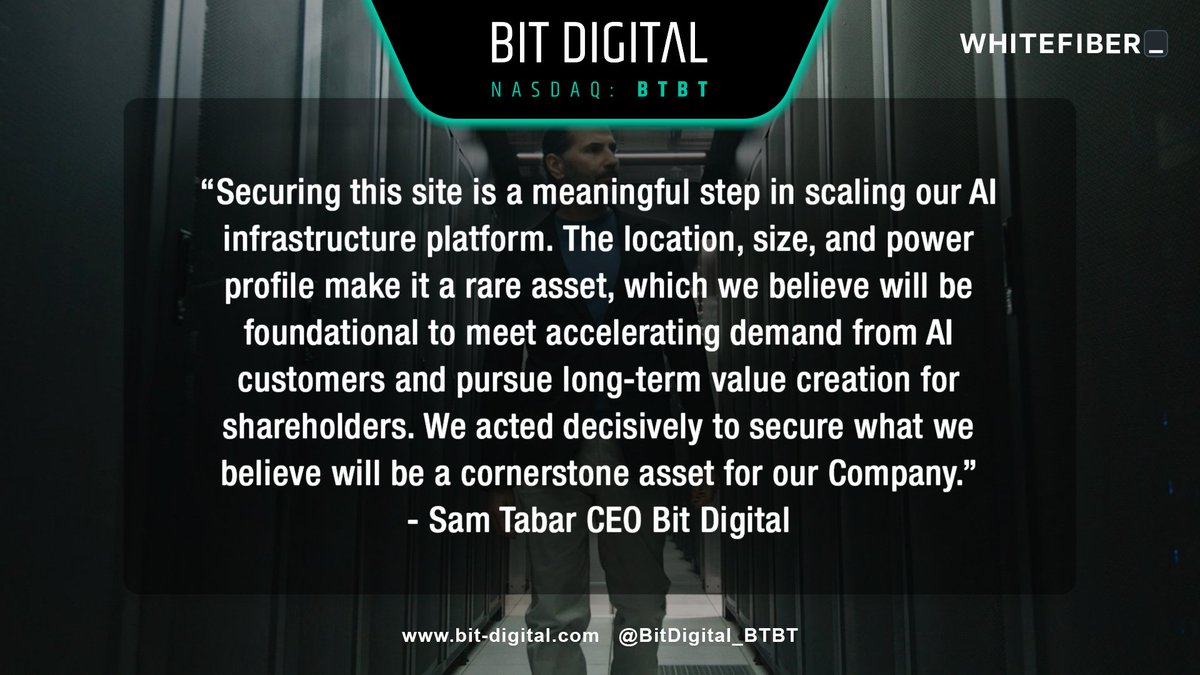 Bit Digital, Inc. NASDAQ:BTBT (@bitdigital_btbt) on Twitter photo Securing the NC1 site in North Carolina is a meaningful step in scaling the <a href="/WhiteFiber_/">WhiteFiber_</a> AI infrastructure platform.
“The location, size, and power profile make it a rare asset, which we believe will be foundational to meet accelerating demand from AI customers and pursue Securing the NC1 site in North Carolina is a meaningful step in scaling the <a href="/WhiteFiber_/">WhiteFiber_</a> AI infrastructure platform.
“The location, size, and power profile make it a rare asset, which we believe will be foundational to meet accelerating demand from AI customers and pursue