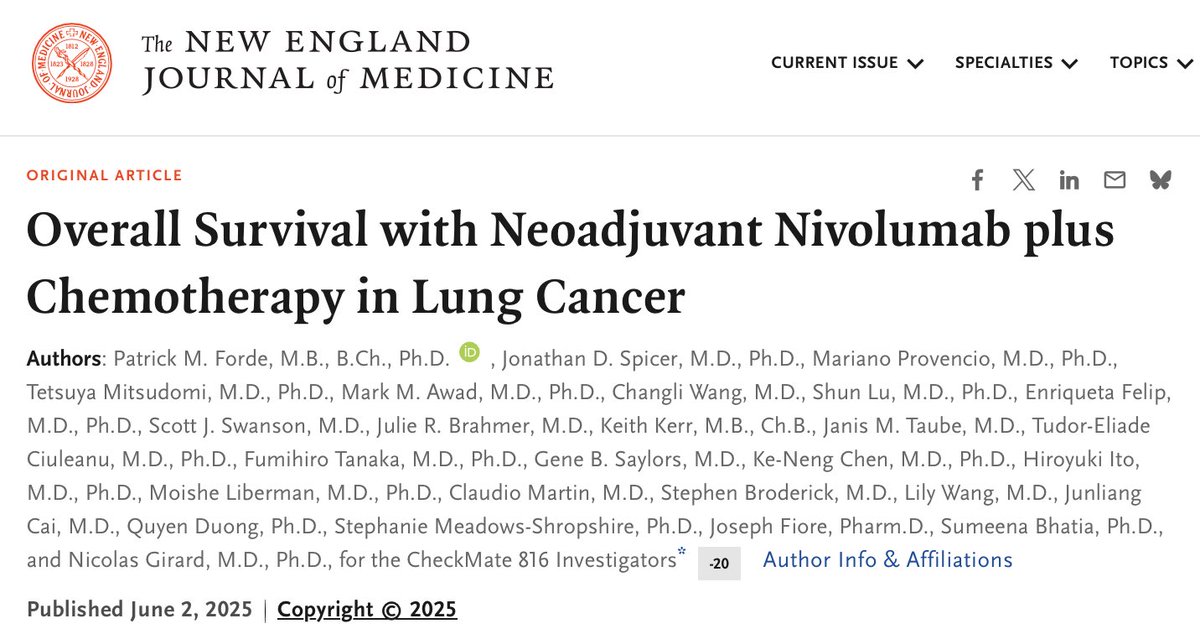 RManochakian's tweet photo. 🔥🚨@OncoAlert Hot Off The Press
Just published @NEJM in conjunction with presentation @ASCO #ASCO25
#OverallSurvival Results of #Checkmate816 phase 3 trial of:
#Neoadjuvant #Nivolumab + Chemo vs Chemo in stage IB-IIIA Non-Small-Cell #LungCancer
✅#OS: HR: 0.72 (5-year: 65.4% vs 55%)
mOS:
-Not reached for Nivo + Chemo
-73.7 months for Chemo
👇🏻
https://t.co/DnotCC2VQA