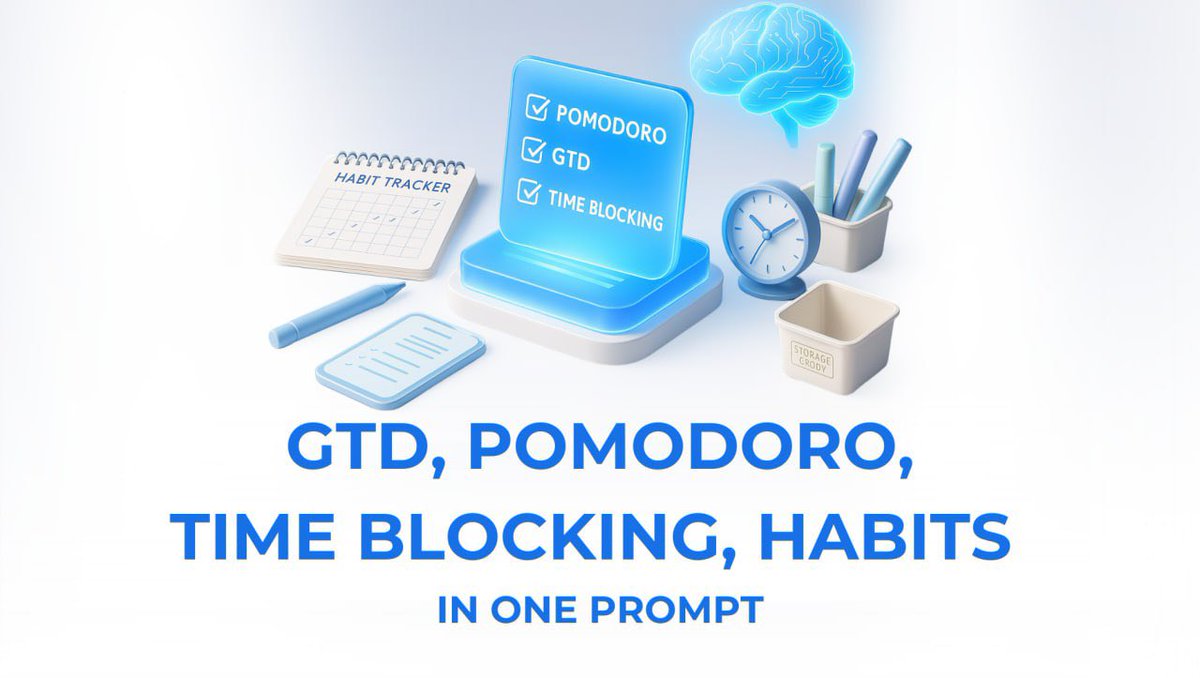 PromptArenaAI's tweet photo. 🧠 Build your productivity system with GTD, Pomodoro, time blocking &amp; habit stacking.

Clear steps, tools &amp; personalized strategy.

Try the prompt → https://t.co/bub7P1v1Fp

#AI #Productivity #GTD #Pomodoro #TimeBlocking #PromptArena https://t.co/LXWPMe1hPj