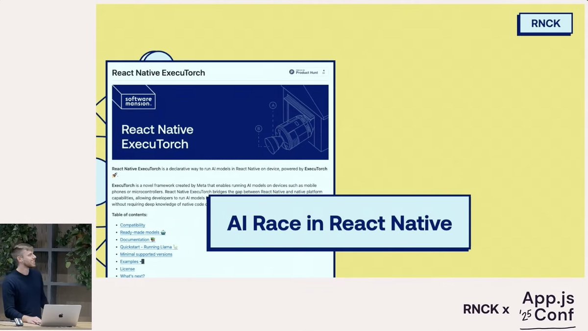 dawid_matyjasik's tweet image. Breaking new ground in mobile AI! React Native ExecuTorch stands out as a powerful declarative library. It empowers developers to run sophisticated AI models directly on devices! @kacperkapusciak #ExecuTorch 

github.com/software-mansi…