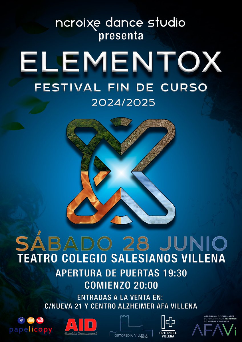 ncroixe's tweet photo. NCroiXe Dance Studio presenta…
✖️🍃🪨ELEMENTOX🔥🌊✖️
Nuestro primer festival de fin de curso tendrá lugar el día 28 de Junio en el teatro del colegio Salesianos de Villena!!
Entradas ya a la venta en la escuela (C/Nueva, 21) y en el centro Alzheimer AFA de Villena. 
💪🏻💪🏻✖️✖️ https://t.co/lYrhPQX2oF