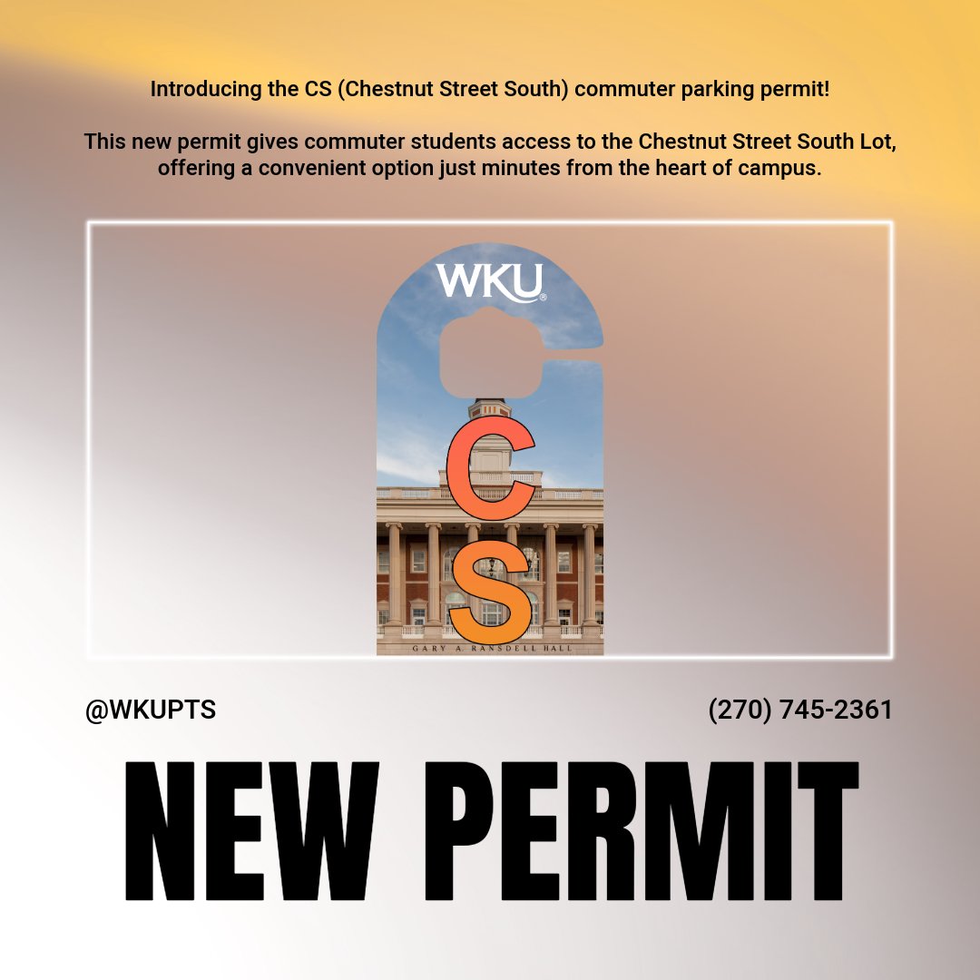 🚗 New Permit Alert! 

Introducing the CS (Chestnut Street South) commuter parking permit!

This new permit gives commuter students access to the Chestnut Street South Lot, offering a convenient option just minutes from the heart of campus.

#WKUKnowParking
