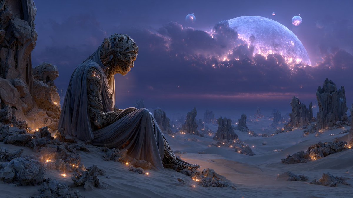 Even gods grow quiet beneath foreign moons.
This one just waits… and remembers.

#AlienRuins #CosmicSolitude #ForgottenTitan #SpaceArt