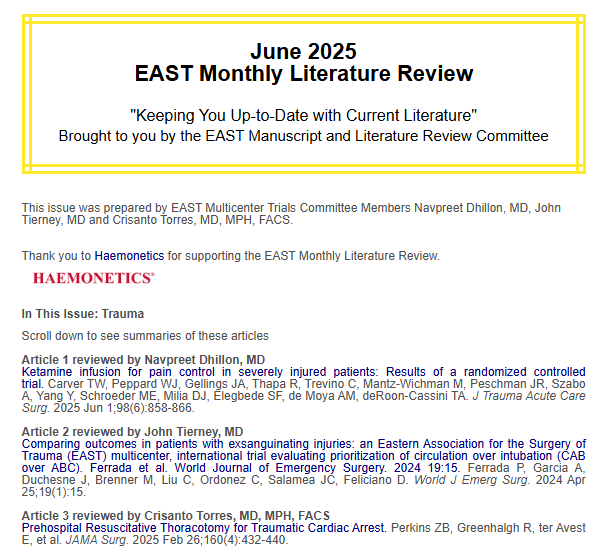 EAST (@east_trauma) on Twitter photo This month’s EAST Monthly Literature Review on Trauma is brought to you by Navpreet Dhillon, MD, John Tierney, MD and Crisanto Torres, MD, MPH, FACS. Thank you to our sponsor <a href="/HaemoneticsCorp/">Haemonetics Corp</a>! Read the #EASTLitReview here and share your feedback: bit.ly/4jxiDqK This month’s EAST Monthly Literature Review on Trauma is brought to you by Navpreet Dhillon, MD, John Tierney, MD and Crisanto Torres, MD, MPH, FACS. Thank you to our sponsor <a href="/HaemoneticsCorp/">Haemonetics Corp</a>! Read the #EASTLitReview here and share your feedback: bit.ly/4jxiDqK
