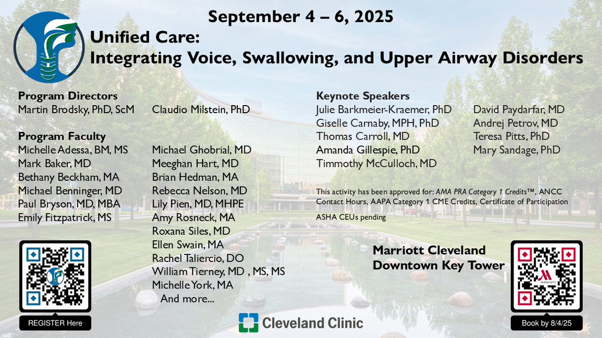 Cleveland Clinic's Unified Care: Integrating Voice, Swallowing, and Upper Airway Disorders
📅 Sept 4–6, 2025
📍 Cleveland Marriott Downtown at Key Tower
• &gt;40 #MDT speakers
• Tracks in Airway, Voice, Swallowing
• Cross-disciplinary keynotes
Register: rebrand.ly/UnifiedCare