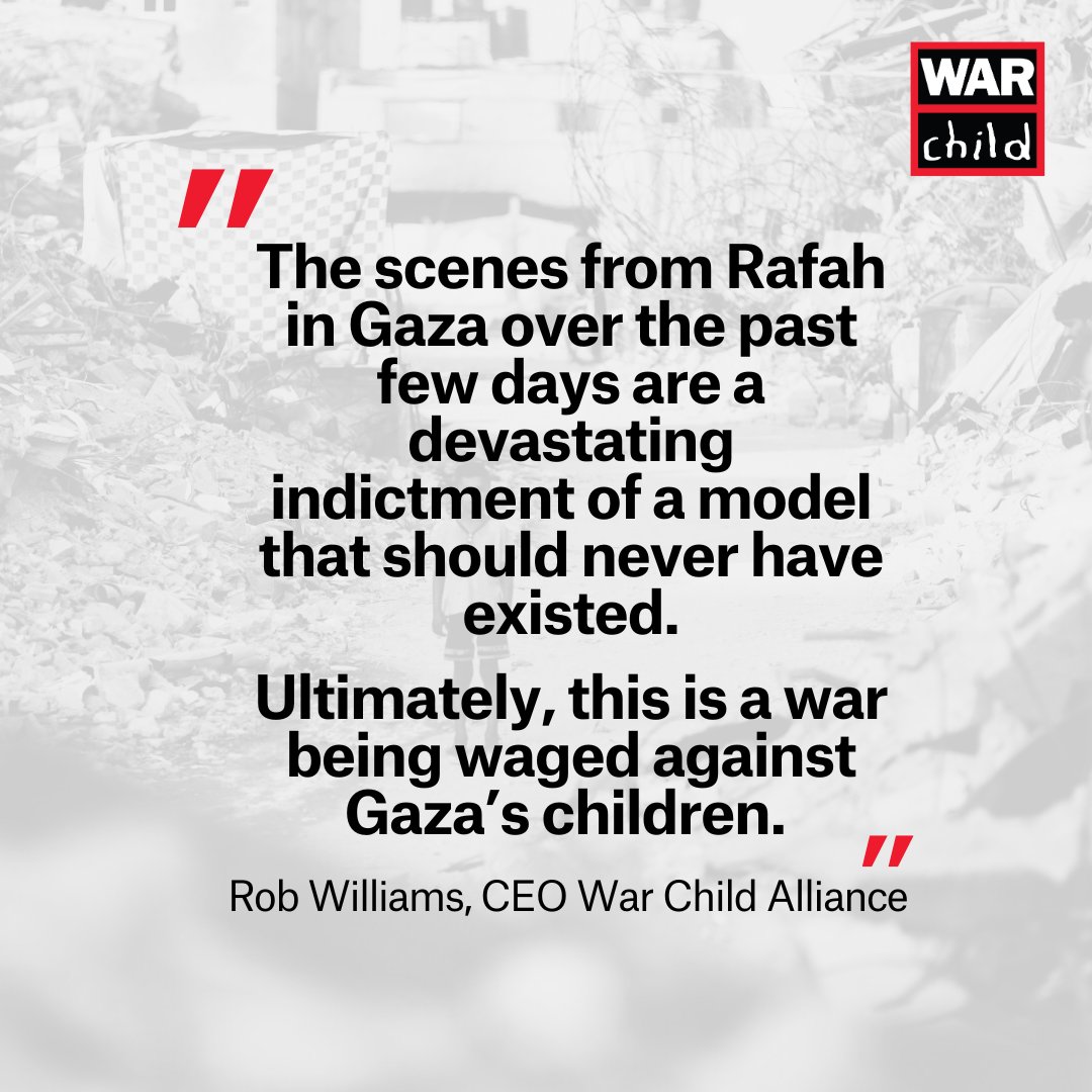 War Child (@warchild) on Twitter photo A message from our CEO <a href="/RobatWarChild/">Rob Williams</a>, on the deadly scenes from Rafah in #Gaza this weekend.
Full statement: warchild.net/news/ceo-state… A message from our CEO <a href="/RobatWarChild/">Rob Williams</a>, on the deadly scenes from Rafah in #Gaza this weekend.
Full statement: warchild.net/news/ceo-state…