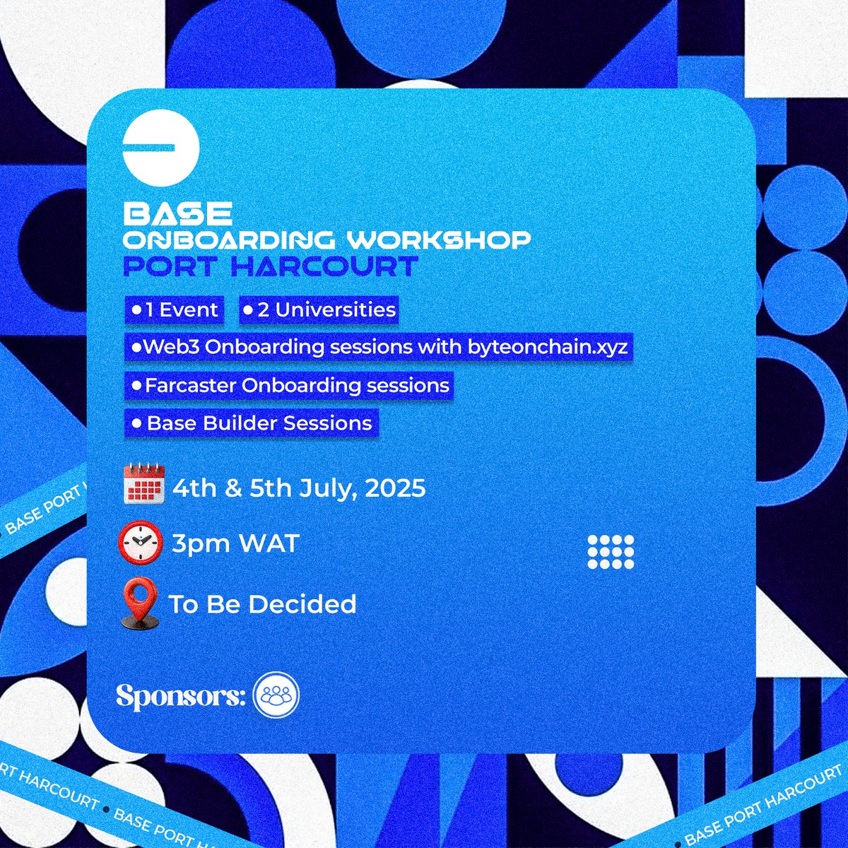 Praizohwos.base.eth (@ohwodiasapraise) on Twitter photo Just had a strategic meeting with the amazing trio <a href="/_karlagod/">karlagod.eth-#Bitsave || Borderless4.0 #GG24</a>, <a href="/gloorry_/">Glory Wejinya || borderless4.0</a> and <a href="/DefiDevrel/">DefiDevrel.base.eth</a> for <a href="/BasedOnes_/">Based Ones</a> Base Onboarding Workshop happening in Port Harcourt -
โ
๏ธ1 Event
โ
๏ธ2 Universities ( 2 days)
๐Happening on the 4th & 5th of July
๐ Both in Uniport & RSU
More details Just had a strategic meeting with the amazing trio <a href="/_karlagod/">karlagod.eth-#Bitsave || Borderless4.0 #GG24</a>, <a href="/gloorry_/">Glory Wejinya || borderless4.0</a> and <a href="/DefiDevrel/">DefiDevrel.base.eth</a> for <a href="/BasedOnes_/">Based Ones</a> Base Onboarding Workshop happening in Port Harcourt -
โ
๏ธ1 Event
โ
๏ธ2 Universities ( 2 days)
๐Happening on the 4th & 5th of July
๐ Both in Uniport & RSU
More details