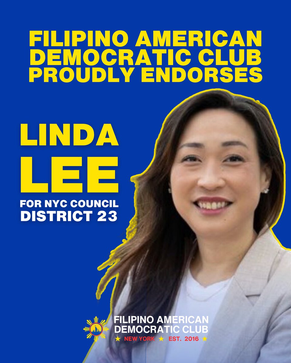 Filipino American Democratic Club of New York (@filamdemsny) on Twitter photo The Filipino American Democratic Club of New York is proud to endorse <a href="/LindaLeeforNYC/">Linda Lee for NYC</a> for New York City Council District 23.
8/12 The Filipino American Democratic Club of New York is proud to endorse <a href="/LindaLeeforNYC/">Linda Lee for NYC</a> for New York City Council District 23.
8/12