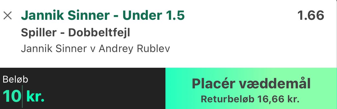 Jannik Sinner under 1.5 double faults 10u🎾👟

As we know Sinner is a livin machine at this point and with that comes some expertise surrounding his game

This tournament he has seen 0 double faults in 9 sets 

So insane value here and thats why we stake high

Gl if tailing❤️🫡🤞