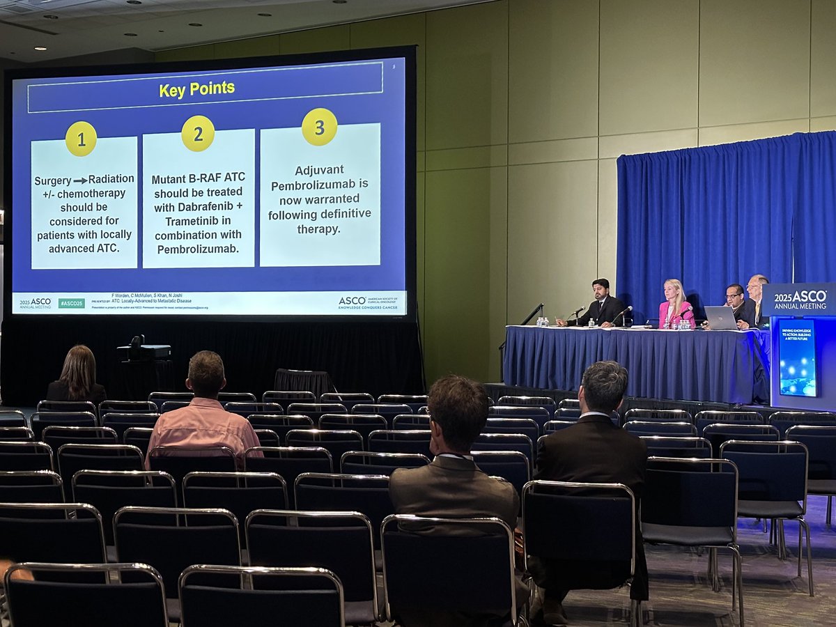 Happening now at #ASCO25: Caitlin McMullen, MD (<a href="/mcmullen_dr/">Dr. Caitlin McMullen</a>) joins the case-based panel on multidisciplinary treatment of anaplastic thyroid cancer.

She brings the surgeon’s perspective to managing one of the most aggressive thyroid malignancies.

#MoffittASCO25 <a href="/ASCO/">ASCO</a>
