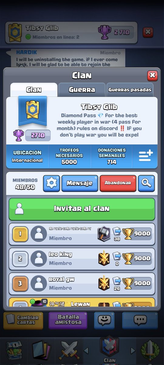 Quería anunciar que hemos mejorado las recompensas!!

Damos un pase de diamante para el mejor jugador de guerra cada semana!! 💎

No olvidar mirar las reglas en el servidor de discord para que no haya inconvenientes, buena suerte a todos ❤️🙏🏻