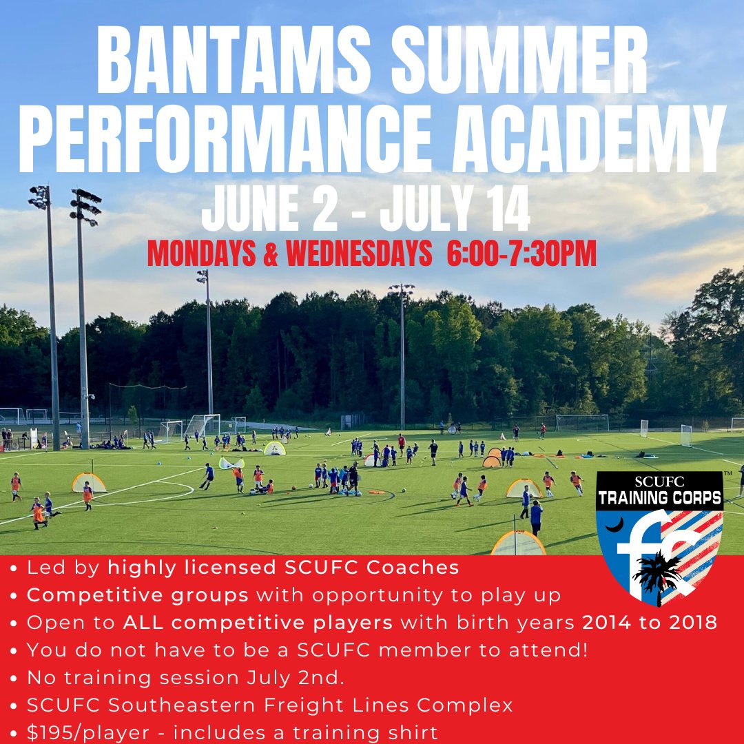Bantams Summer Performance Academy starts tonight, and it's not too late to register!   Get a head start on the fall season and enhance your skills this summer. Open to all 2014 through 2018 competitve players.  You do not have to be a SCUFC member to attend.

Register Here⬇️