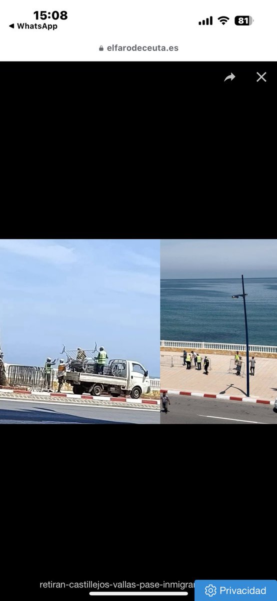 danyjsr's tweet photo. Esto esta pasando hoy en castillejos (marruecos) retirada de vallas que estaban puesta para el salto de inmigrantes al mar y así poder cruzar a nado a Ceuta por la frontera. Se espera otra oleada este  verano orquestada por el rey de marruecos. @informativost5 @A3Noticias @La_SER https://t.co/v1Y00HcIsC