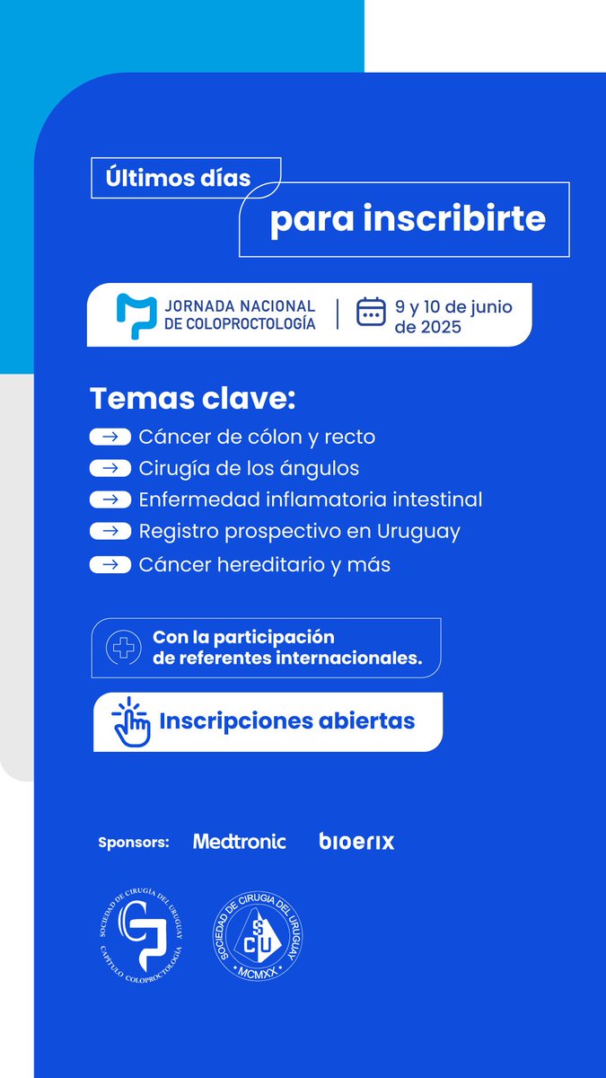 📣 Ya falta muy poco para la primer Jornada Nacional de Coloproctologia. Los esperamos! 

📍 Montevideo + Zoom
🗓️ Muy pronto…
🔗 Inscribite antes del cierre.
#CirugíaColorrectal #JornadaSCU #Coloproctología #Cirugía #MedicinaUruguay #EventosMédicos