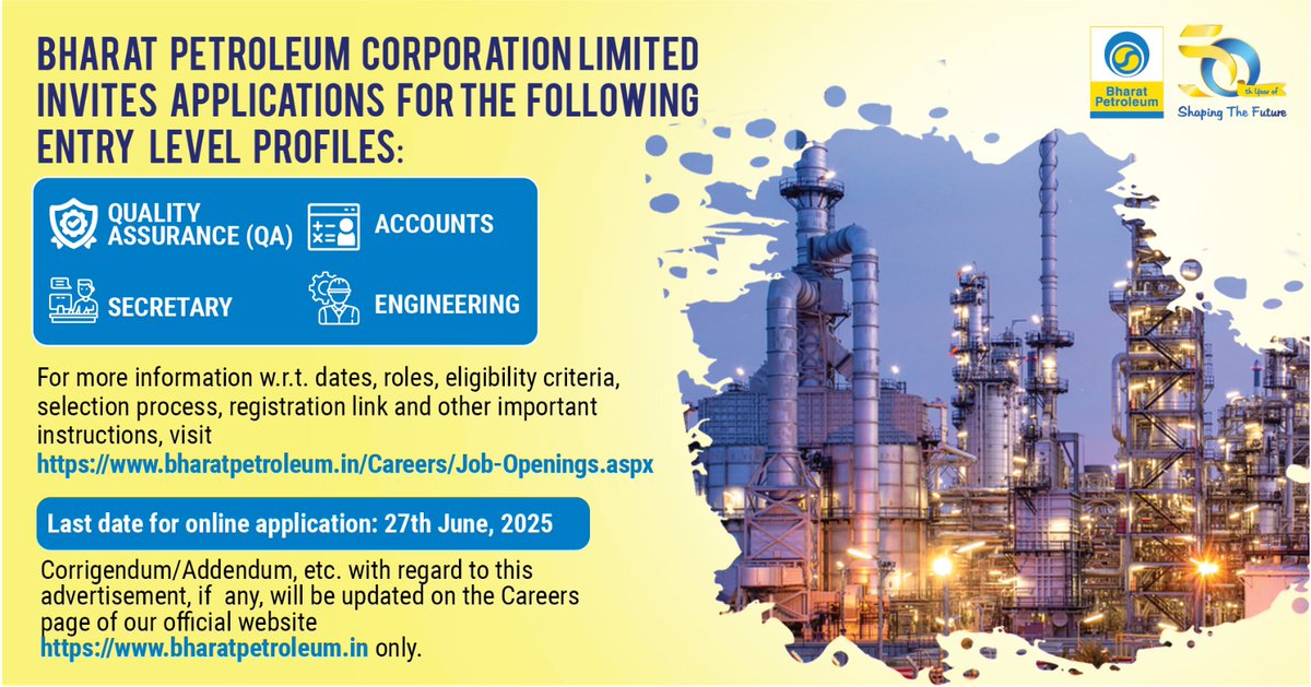 Bharat Petroleum (@bpclimited) on Twitter photo Fuel Your Future with BPCL – Apply Now!
We're looking for passionate individuals to join our vibrant team in entry level positions across key roles. Last Date to apply online is 27th June 2025.
Visit the link to know more: bharatpetroleum.in/Careers/Job-Op…
<a href="/PetroleumMin/">Ministry of Petroleum and Natural Gas #MoPNG</a>
<a href="/HardeepSPuri/">Hardeep Singh Puri</a> Fuel Your Future with BPCL – Apply Now!
We're looking for passionate individuals to join our vibrant team in entry level positions across key roles. Last Date to apply online is 27th June 2025.
Visit the link to know more: bharatpetroleum.in/Careers/Job-Op…
<a href="/PetroleumMin/">Ministry of Petroleum and Natural Gas #MoPNG</a>
<a href="/HardeepSPuri/">Hardeep Singh Puri</a>