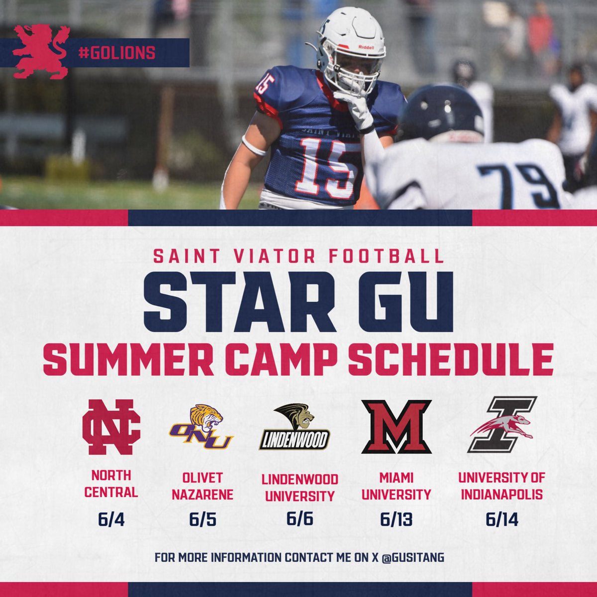 <a href="/GuSitang/">Star Gu 2026</a> Summer Camp Schedule

<a href="/football_ncc/">NCC Football</a>  6/4 
@onazfootball 6/5
@lindenwoodfb 6/6 *Session 1 for LBs
@miamiohfootball 6/13 *Session 3 for LBs
@uindyfb 6/14 * Afternoon LBs Session 5

More Loading…

<a href="/ViatorFball/">Saint Viator Football</a> <a href="/SunilSportsNews/">Sports News By Sunil Sunder Raj</a> <a href="/One11Recruiting/">One11 Recruiting</a> <a href="/Day1toD1/">Day1 to D1</a> <a href="/ContactsCollege/">CollegeRecruitingContacts</a>