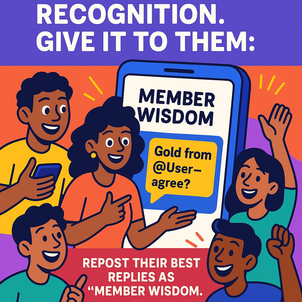 ❗️Your members want recognition. Give it to them:

💡Repost their best replies as "Member Wisdom."
Tag them: "Gold from <a href="/User/">User</a> - agree?"

✅Result: 3x more people comment to get featured.

📢Comment "Playbook" to join the waitlist for the ultimate community-building playbook.