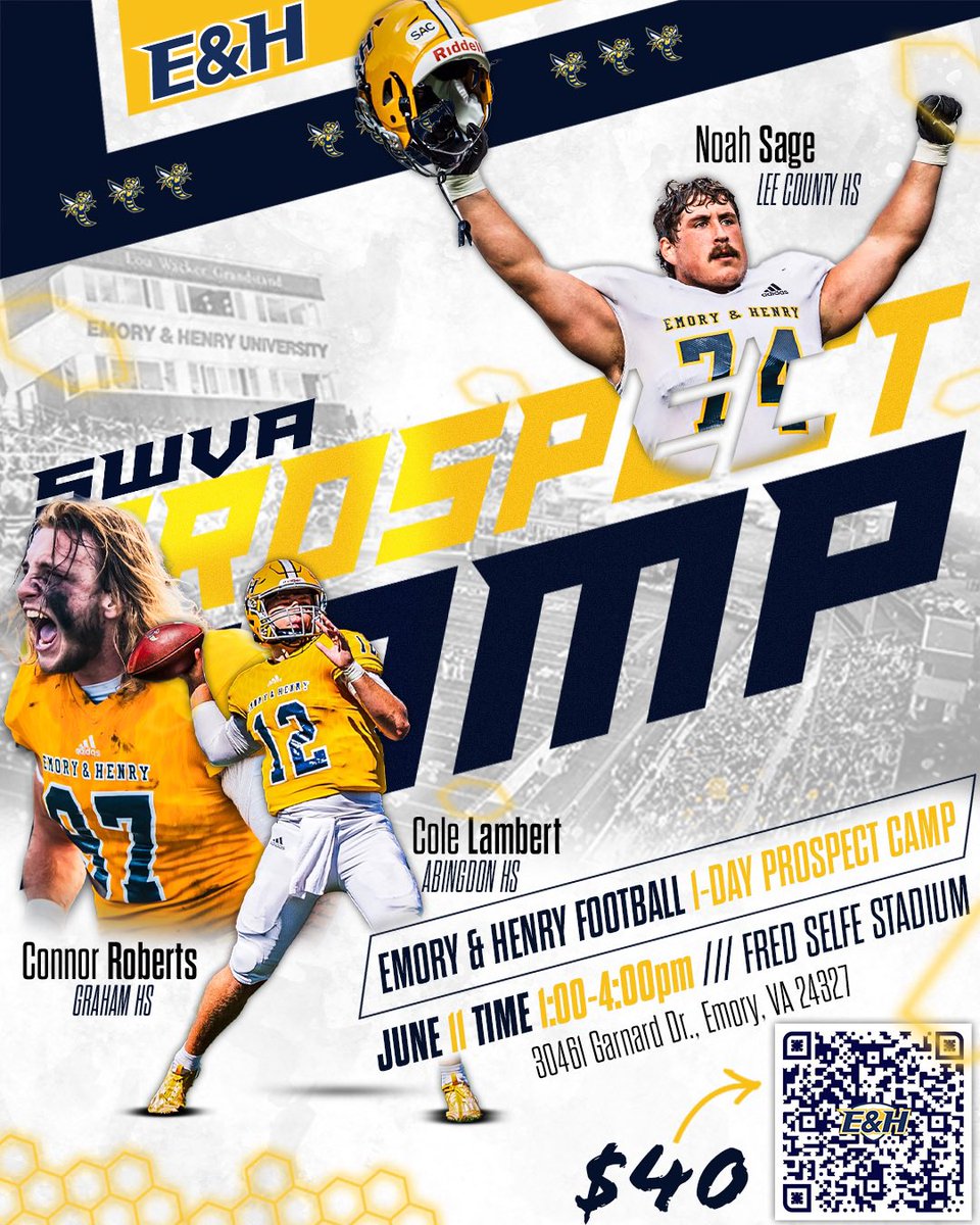 EmoryHenry_FB's tweet image. 🚨𝗦𝗢𝗨𝗧𝗛𝗪𝗘𝗦𝗧 𝗩𝗜𝗥𝗚𝗜𝗡𝗜𝗔🚨
Great opportunity to compete at our place‼️🏠
📅: June 11th
🏟️: Fred Selfe Stadium
🔗: Scan the QR Code or hit waspsfootballcamps.totalcamps.com/shop/product/4…
#GoWasps
#BlueCollarGoldStandard