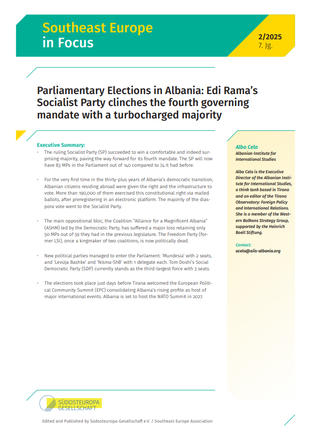 📃NEW RELEASE📃

Parliamentary Elections in Albania: Edi Rama’s Socialist Party clinches the fourth governing mandate with a turbocharged majority

Author: Alba Cela, Albanian Institute for  International Studies

📎Available to download now via the link in our bio.