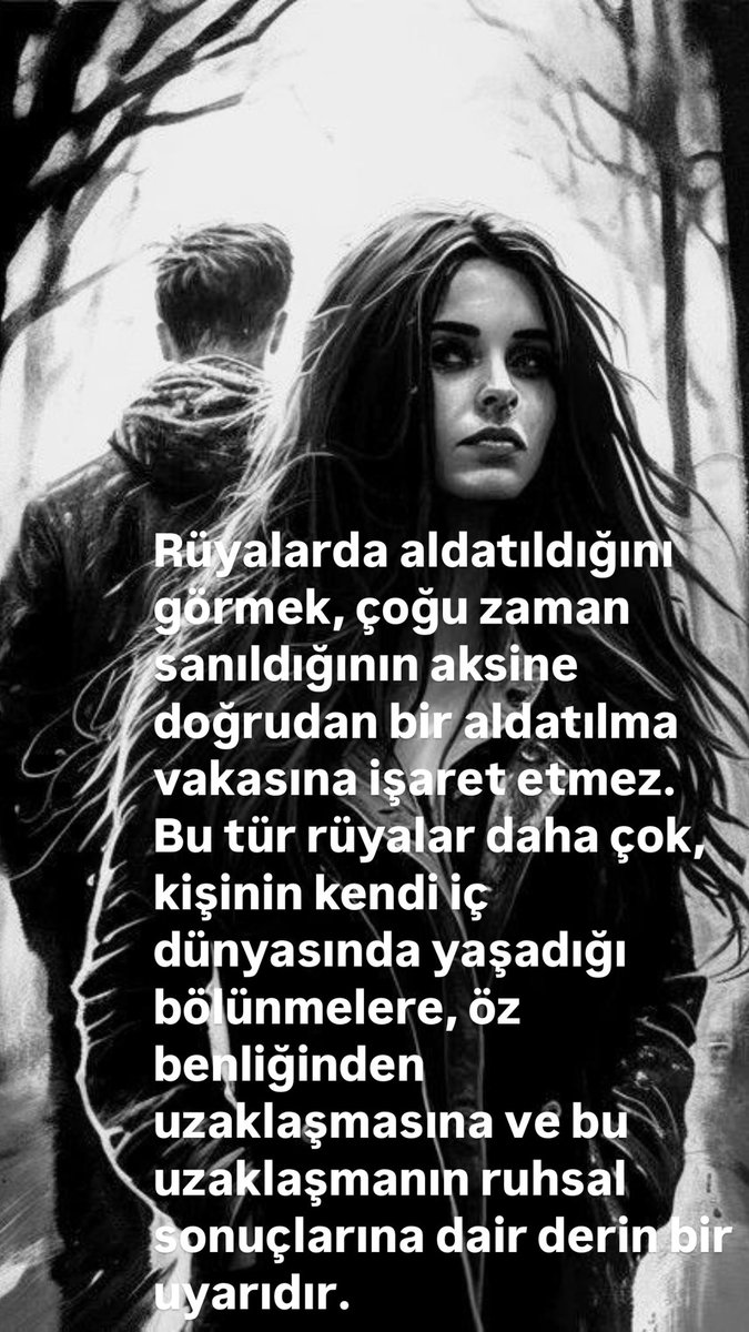 Rüyanda ALDATILDIĞINI MI gördün ?
Rüyalarda aldatıldığını görmek, çoğu zaman sanıldığının aksine doğrudan bir aldatılma vakasına işaret etmez. Bu tür rüyalar daha çok, kişinin kendi iç dünyasında yaşadığı bölünmelere, öz benliğinden uzaklaşmasına ve 
>>> devamı yorumda 👇