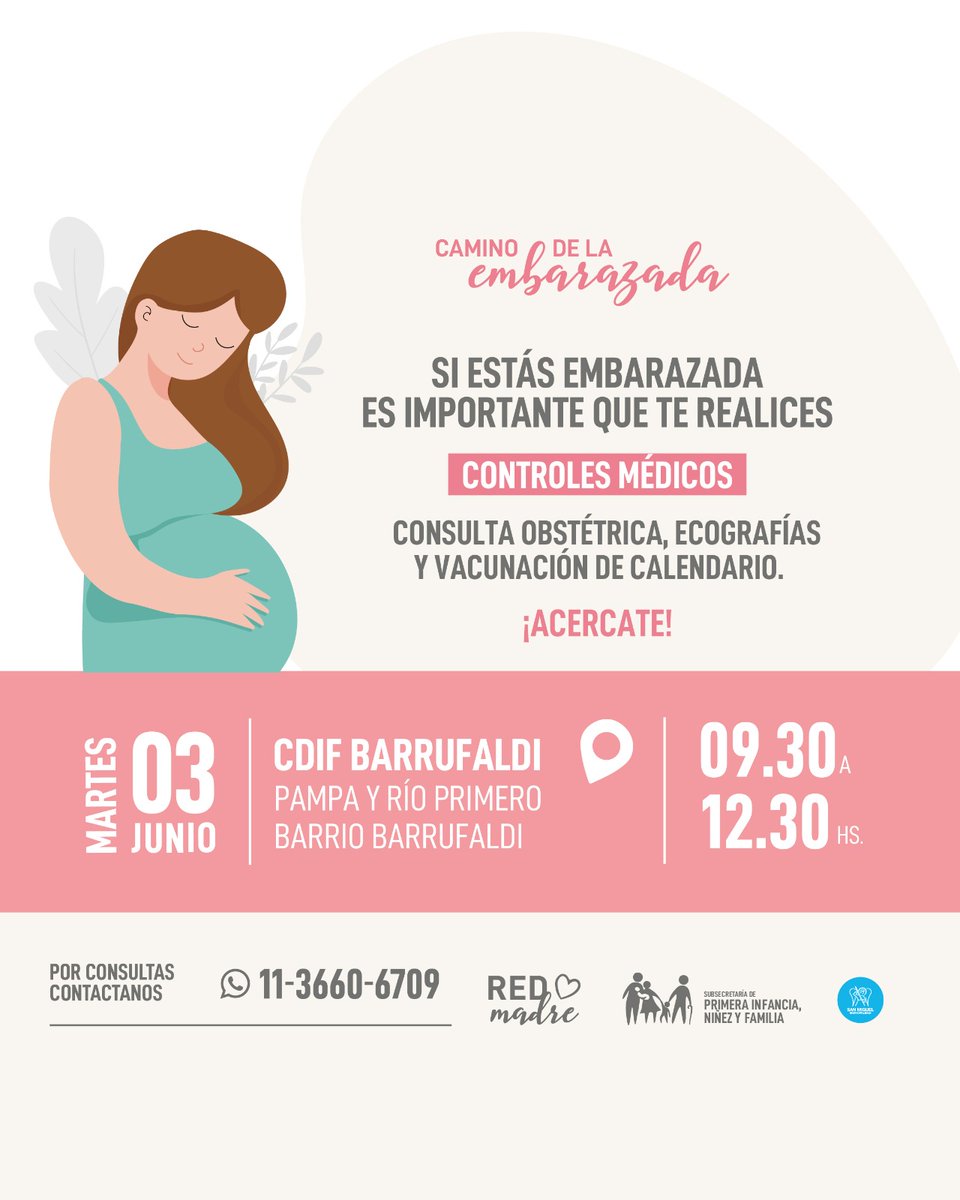 El martes 3 de junio realizaremos un nuevo operativo de Camino de la Embarazada en Barrio Barrufaldi, para que quienes lo necesiten puedan realizarse los controles debidos🤰
Mirá los detalles del operativo en la foto