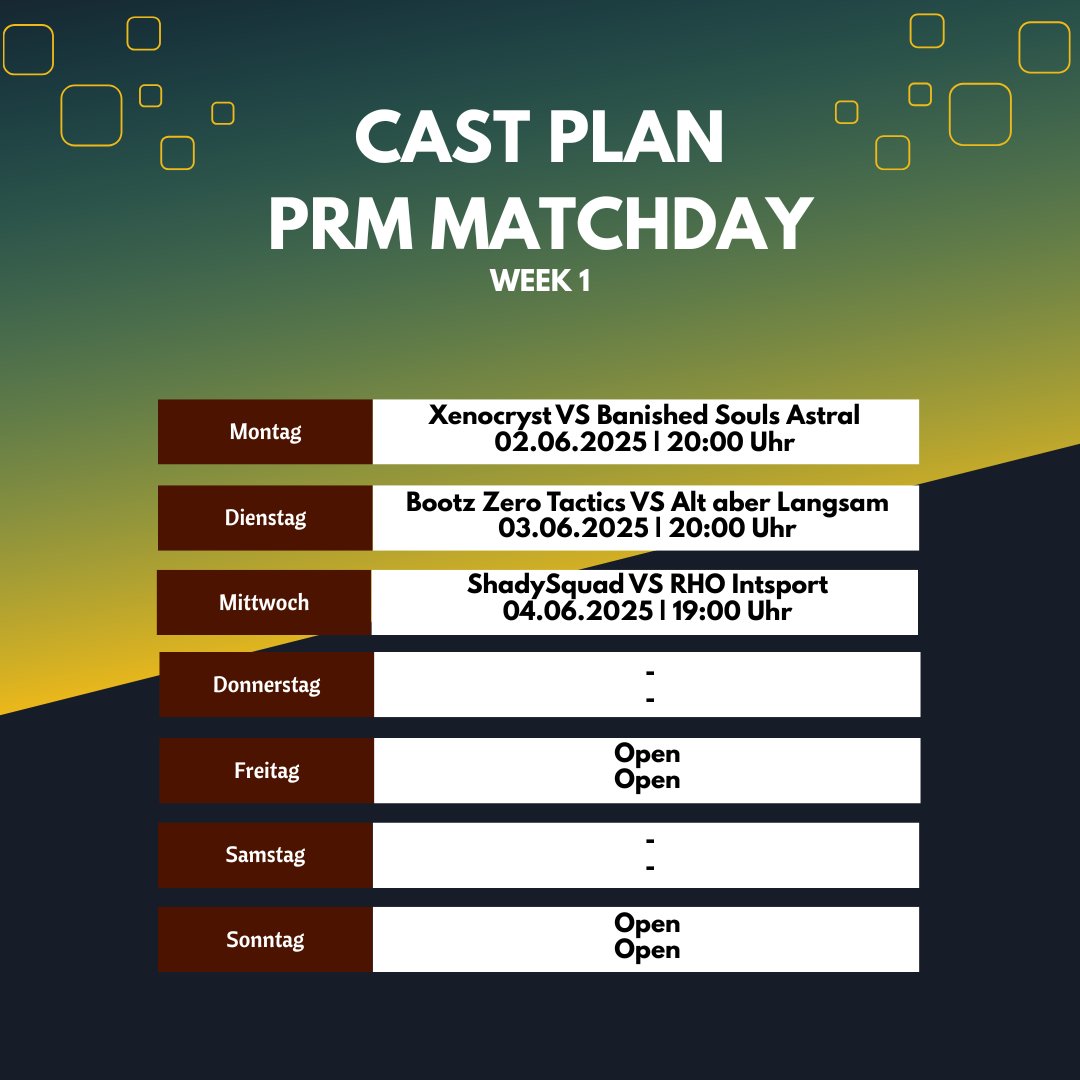 [ 𝐂𝐚𝐬𝐭 𝐏𝐥𝐚𝐧 𝐖𝐞𝐞𝐤 𝟏 ]

3 Matches stehen diese Woche bereits fest in unseren Cast Plan!
Freitag und Sonntag werden ergänzt sobald weitere Termine feststehen.

Wir freuen uns euch im Cast zu begrüßen!

𝐇𝐞𝐮𝐭𝐞 𝐀𝐛𝐞𝐧𝐝 𝐠𝐞𝐡𝐭 𝐞𝐬 𝐛𝐞𝐫𝐞𝐢𝐭𝐬 𝐰𝐞𝐢𝐭𝐞𝐫❗