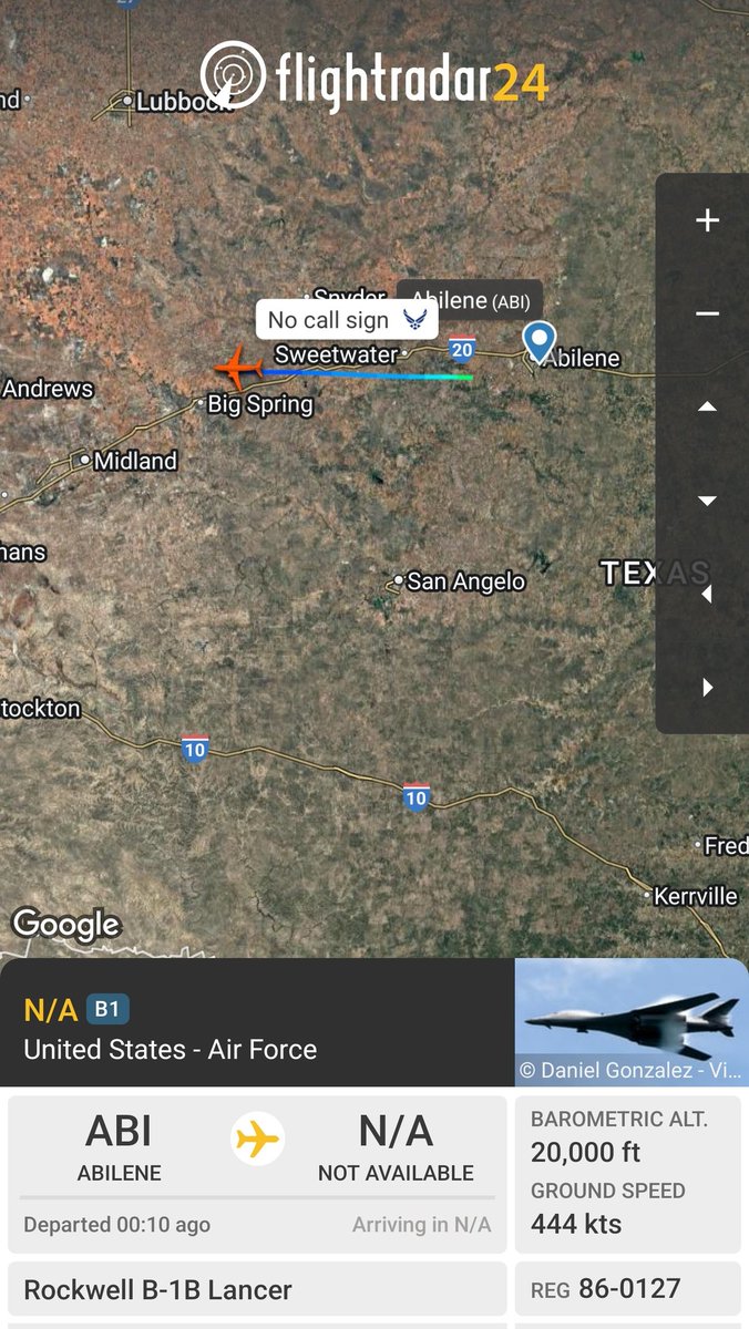 sipjack1776's tweet photo. B-1B Lancer 
#AE6C01
86-0127
Tracking west out of Dyess AFB 
@JasonZicker @Borrowed7Time @toystark6886 @Saint1Mil https://t.co/PqF3GQJE0z
