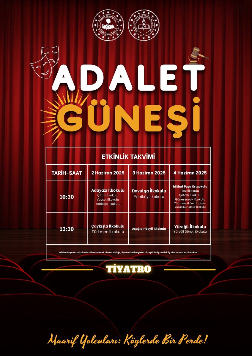 İlçe Milli Eğitim Müdürlüğümüzce başlatılan “Maarif Yolcuları” adlı Değerler Eğitimi Projesi kapsamında, köy okulları tiyatroyla buluşuyor.

Gönüllü öğretmen ve öğrencilerimizden oluşan tiyatro ekibinin köy okullarımızda sergileyeceği "Adalet Güneşi" adlı oyuna herkes davetlidir.