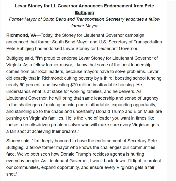 Blue Virginia (@bluevirginia) on Twitter photo Mayor Pete says <a href="/LevarStoney/">Levar Stoney</a> "is the kind of leader you want in times like these: a results-driven problem solver who will make sure every Virginian gets a fair shot at achieving their dreams." The primary is in 15 days. bluevirginia.us/2025/06/monday… Mayor Pete says <a href="/LevarStoney/">Levar Stoney</a> "is the kind of leader you want in times like these: a results-driven problem solver who will make sure every Virginian gets a fair shot at achieving their dreams." The primary is in 15 days. bluevirginia.us/2025/06/monday…