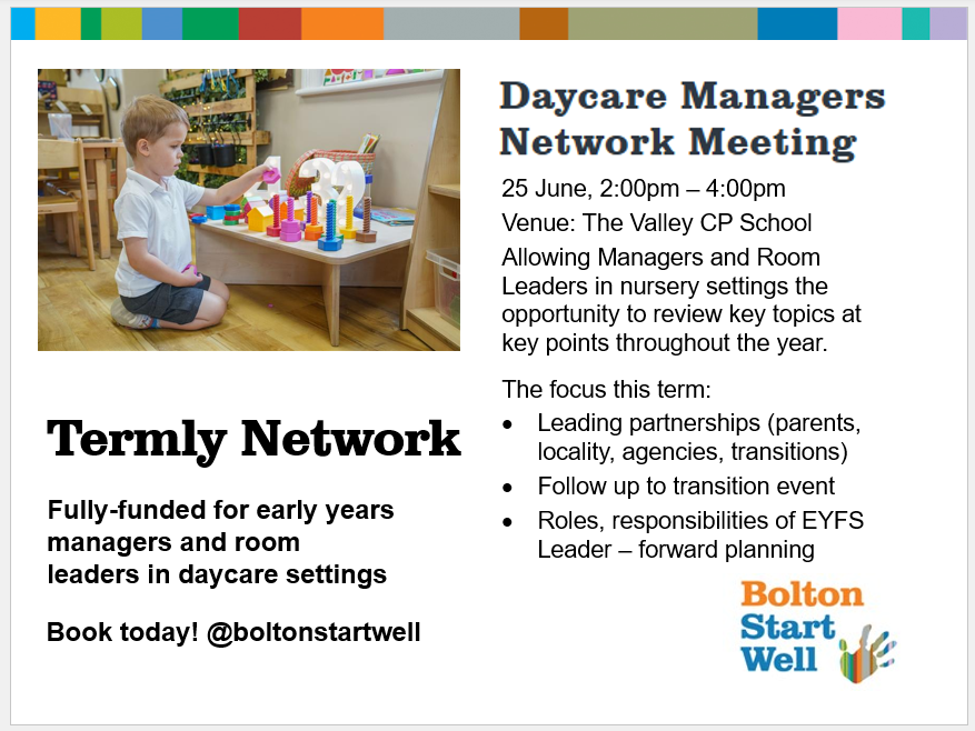 Still time to book your place for this Wednesday 👇

Bolton Managers and Room Leaders of Daycare settings. Join your colleagues later this month for your termly network meeting.

Book here: boltonstartwell.org.uk/course-detail?…

Venue: The Valley CP School