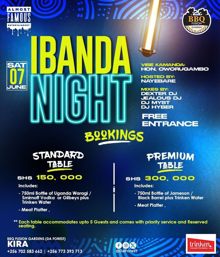 Get ready to groove! Join us for an unforgettable Ibanda Night at BBQ Fusion Gardens (Da Forest) in Kira on Sat, June 7th! Enjoy great music, delicious food, and amazing company. Book your table now and let's party! 🎉🔥 #IbandaNight