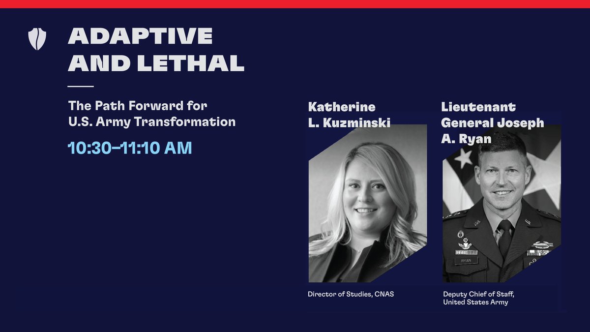 klkuzminski's tweet image. I'm thrilled to be hosting LTG Joseph Ryan, Deputy Chief of Staff, G-3/5/7, United States Army for a fireside chat on the Army Transformation Initiative at the @CNASdc Annual Conference. Tune in to conference.cnas.org to watch the session live from 10:30-11:10 tomorrow.