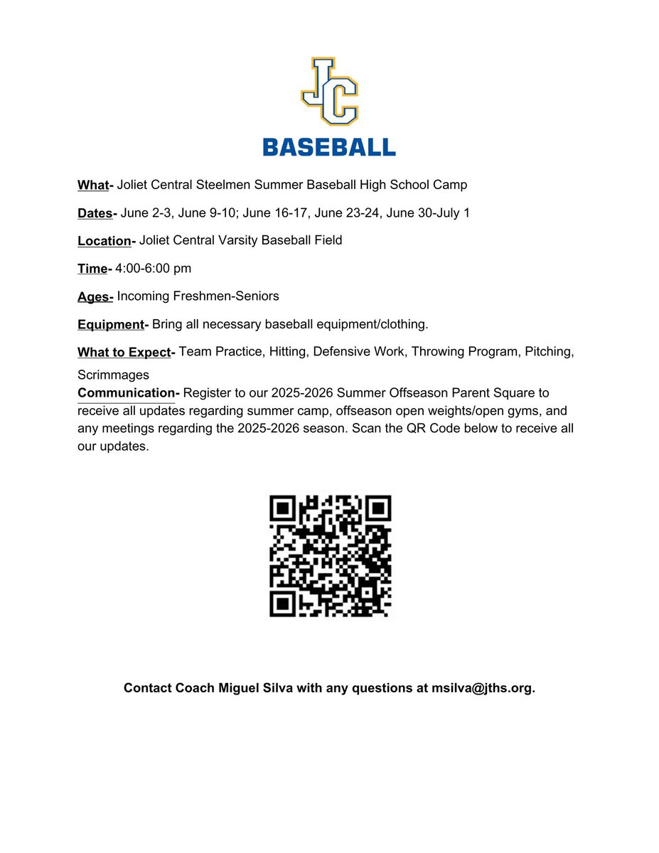 We’re back to work this week with Day 1 of Summer Camp! Camp starts at 4pm on the Varsity Baseball Field.

Camp is open to: 
1. Any incoming Joliet Central freshmen
2. Anyone interested in playing
3. All returning players

See you there! #Day1