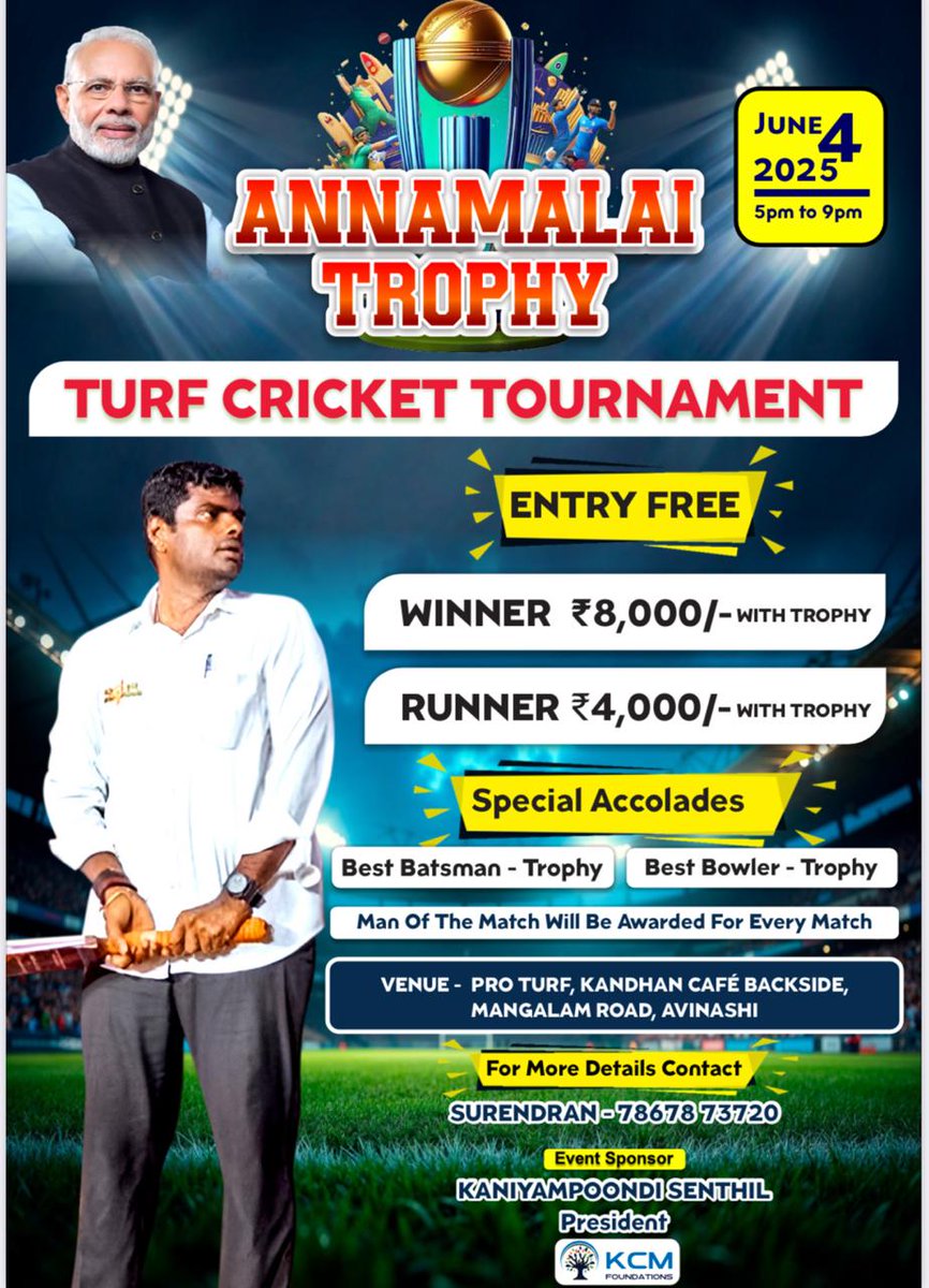 Senthil_KPND's tweet photo. மக்கள் தலைவர் @annamalai_k
அவர்களின் பிறந்தநாளான ஜூன் 4 அன்று, "KCM ஃபவுண்டேஷன்ஸ்" சார்பாக அவிநாசியில் "Annamalai Trophy" -க்கான டர்ஃப் கிரிக்கெட் போட்டி நடைபெறவுள்ளது...💐💐💐

#HappyBirthdaySingam https://t.co/vxT4P4SQ60